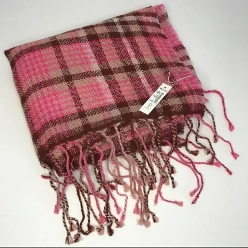 New! Madewell Oversized Pink Plaid Fringe Wool Raw Hem Blanket Scarf
